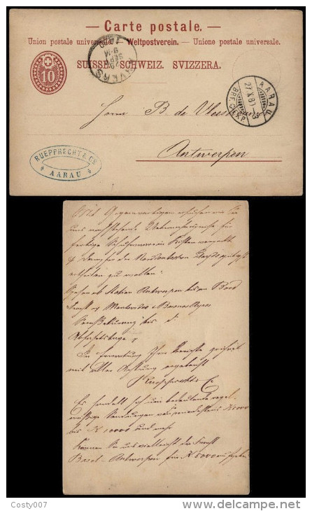Switzerland 1880 Postal History Rare Old Postcard Postal Stationery Aarau To Antwerp Beglium D.795 - Brieven En Documenten