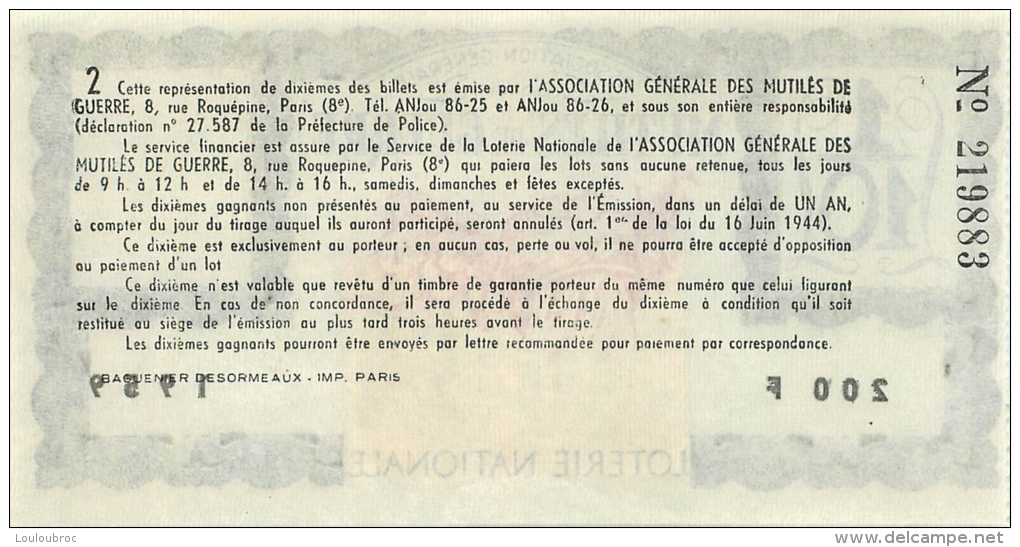 BILLET DE LOTERIE NATIONALE 1959  MUTILES DE GUERRE - Billets De Loterie