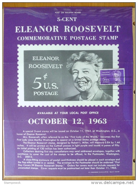 1963 USA P.O.Poster FDC Sc # 1236 Eleanor Roosevelt - 1961-1970