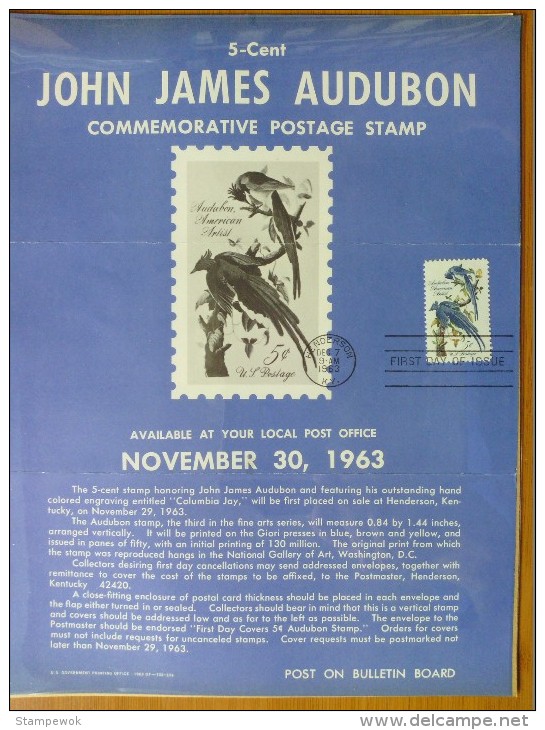 1963 USA P.O.Poster FDC Sc # 1241 John James Audubon (Birds) - 1961-1970