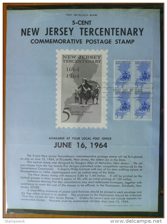 1964 USA P.O.Poster FDC Sc # 1247 New Jersey 300th (Block Of 4) - 1961-1970