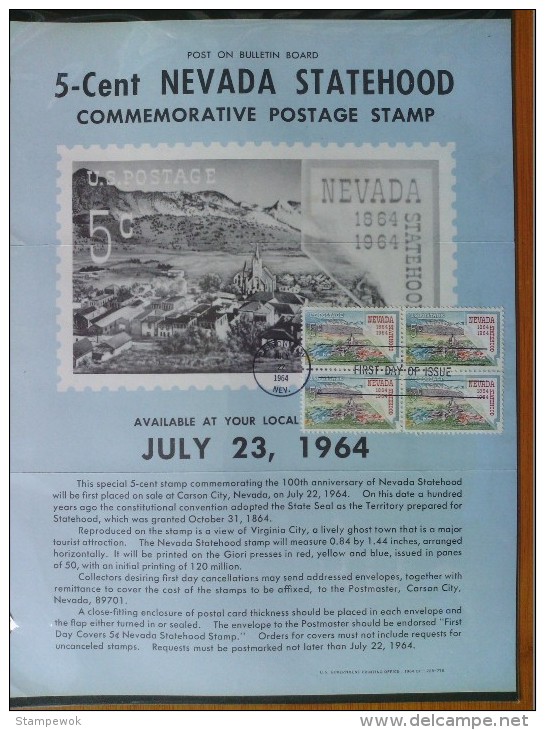 1964 USA P.O.Poster FDC Sc # 1248 Nevada Statehood Centenary (Block Of 4) - 1961-1970