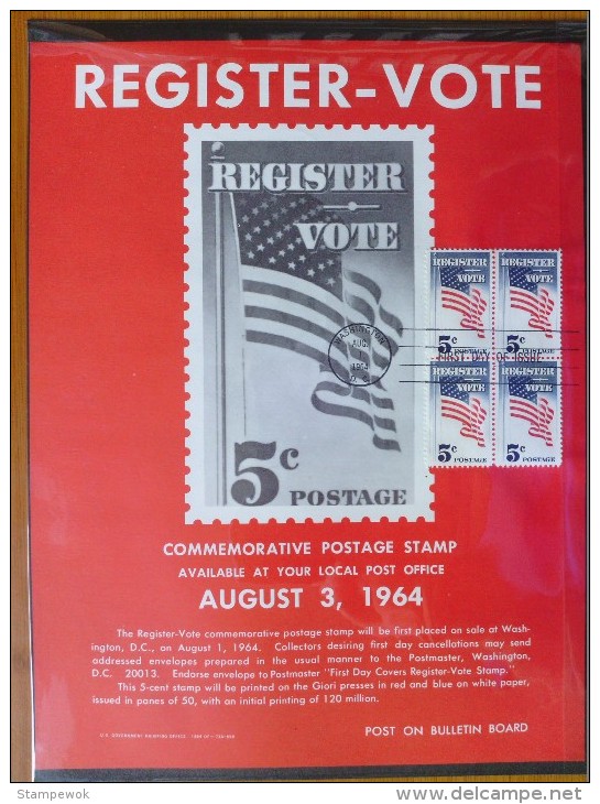 1964 USA P.O.Poster FDC Sc # 1249 Register & Vote (Block Of 4) (Flags) - 1961-1970