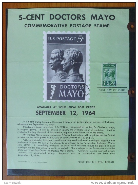 1964 USA P.O.Poster FDC Sc # 1251 Mayo Brothers (Medicine) - 1961-1970