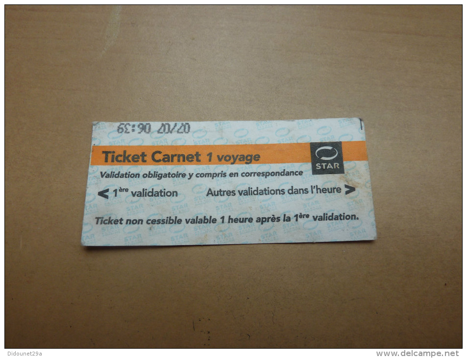 Ticket De Transport (bus, Métro, Tramway) STAR - RENNES(35) "Ticket Carnet 1 Voyage" - Europe