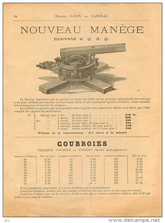 PUBLICITE . MANEGE MOTEUR A PLAN INCLINE . CHEVAUX . EDMOND GARIN . CAMBRAI . PRIX COURROIES - Advertising