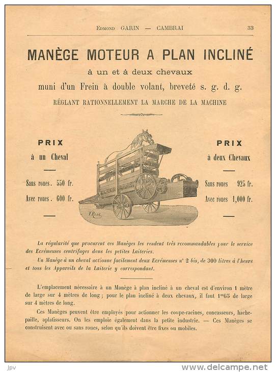 PUBLICITE . MANEGE MOTEUR A PLAN INCLINE . CHEVAUX . EDMOND GARIN . CAMBRAI . PRIX COURROIES - Advertising