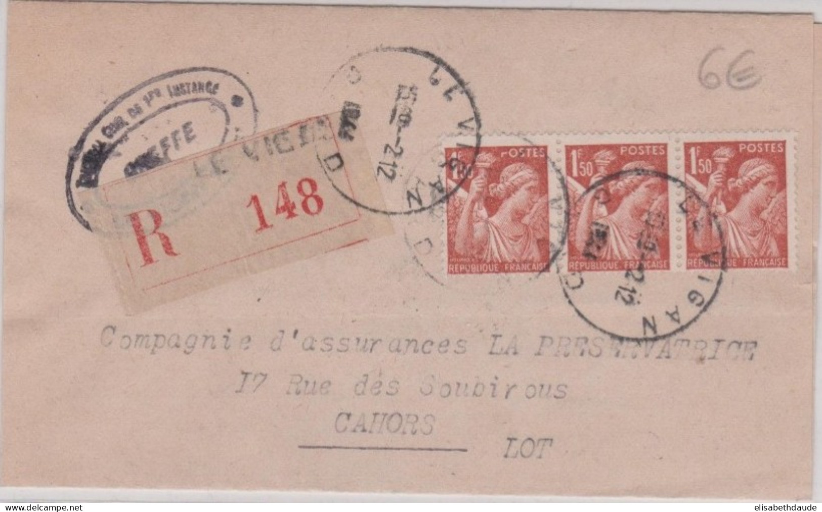 1944 - IRIS Sur LETTRE RECOMMANDÉE Du VIGAN (GARD) => CAHORS - 1939-44 Iris