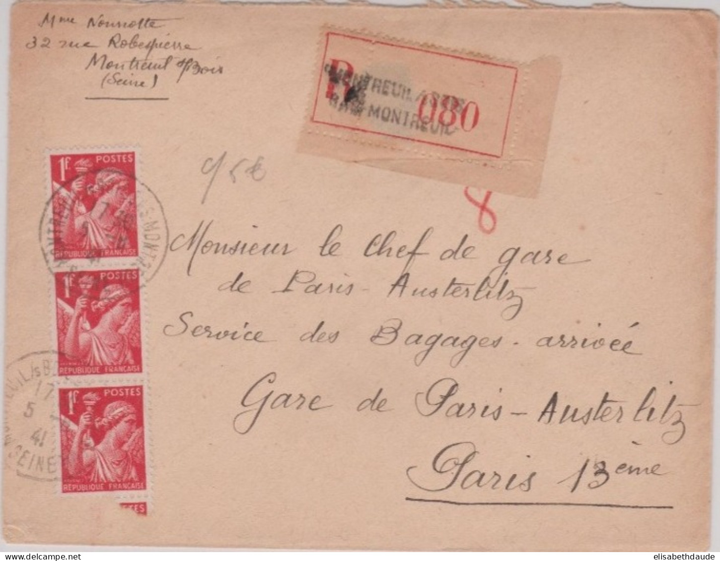 1941 - SEINE - ENVELOPPE RECOMMANDÉE De MONTREUIL - 1939-44 Iris