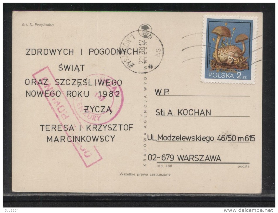 POLAND 1981 CHRISTMAS GREETINGS PC ZYRARDOW TO WARSZAWA EARLY USE OCENZUROWANO CENSORED PINK  CACHETS CENSOR STATION 147 - Cartas & Documentos