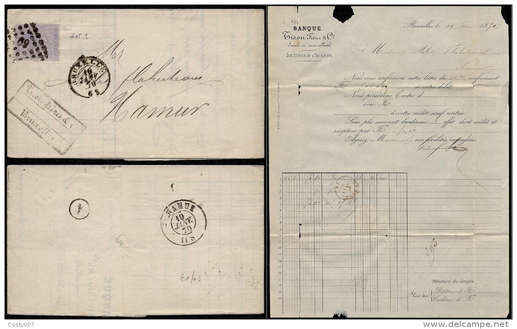 Belgium 1870 Postal History Rare Cover + Content Bruxelles To Namur D.857 - Enveloppes-lettres