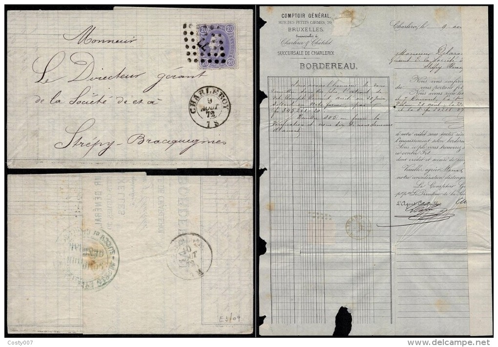 Belgium 1872 Postal History Rare Cover + Content Charleroi To Bracquegnies D.910 - Briefe