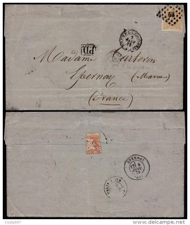 Belgium 1871 Postal History Rare Cover Bruxelles Nord To Epernay France D.911 - Covers