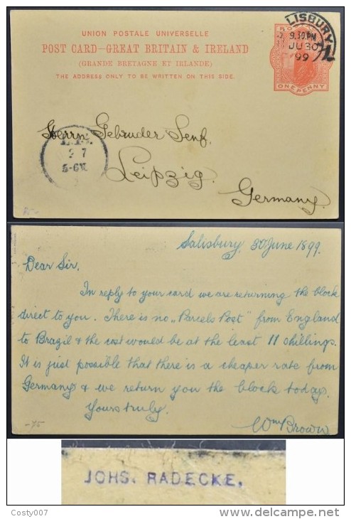 Great Britain 1899 Postal History Rare Postcard Postal Stationery SIGNED QV Window SALISBURY To GERMANY D.914 - Briefe U. Dokumente