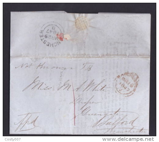 Great Britain 1847 Postal History Rare Pre-Stamp Cover + Content Manchester D.934 - Cartas & Documentos