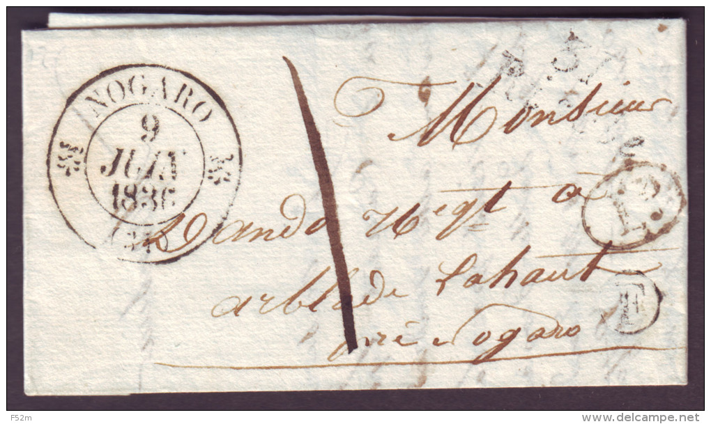 GERS - LAC - Cursive 31 Riscle + Tàd T12 Nogaro + Taxe 1 (port Local) + BR "F" (Viella, Idenfiée) Pour Arblade Lahaut 31 - 1801-1848: Précurseurs XIX