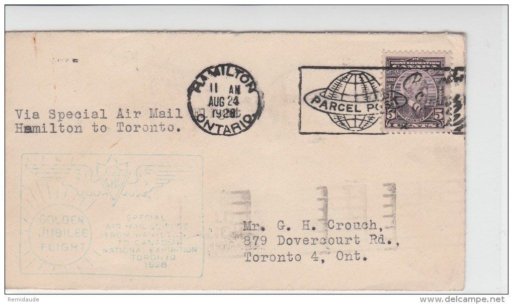 CANADA - 1928 - ENVELOPPE (VOL SPECIAL EXPO NATIONALE) De HAMILTON à TORONTO - - Briefe U. Dokumente