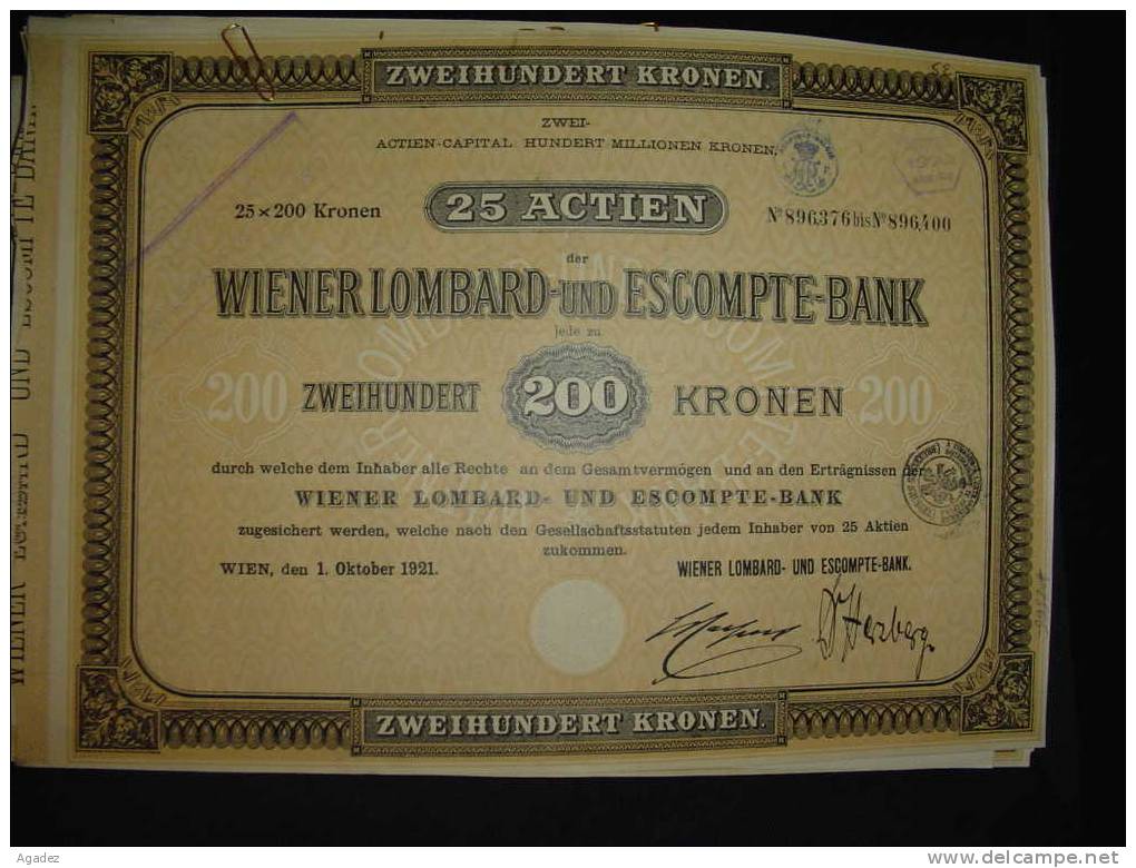 Action"Wiener Lombard Und Escompte Bank"  Wien 1921 Vienne Très Bon état - Banque & Assurance