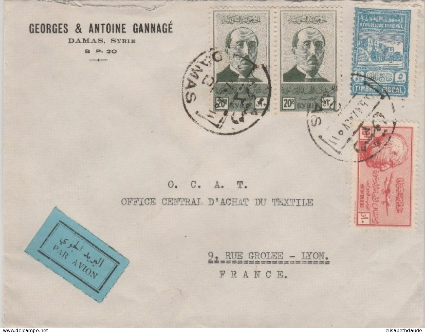 SYRIE - 1947 - ENVELOPPE Par AVION De DAMAS Avec TIMBRE FISCAL Pour LYON - Syrie