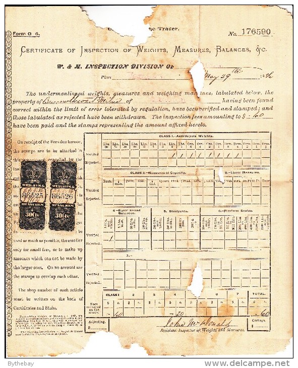 Canada FWM#28 30c Pair On Certificate Of Inspection Of Weights, Measures, Balances & C. Issued At Hamilton - Fiscaux