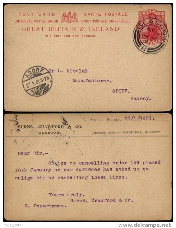Great Britain 1901 Postal History Rare Postcard Postal Stationery Glasgow To Adorf Germany D.980 - Cartas & Documentos