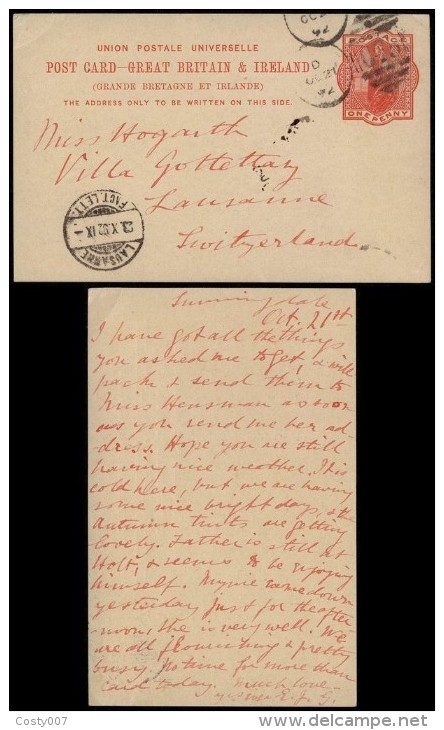 Great Britain 1892 Postal History Rare Postcard Postal Stationery To Lausanne Switzerland D.981 - Cartas & Documentos