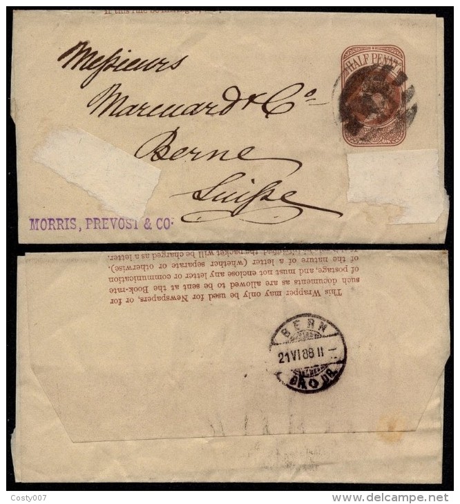 Great Britain 1888 Postal History Rare Postal Stationery Wrapper To Bern Switzerland D.984 - Cartas & Documentos