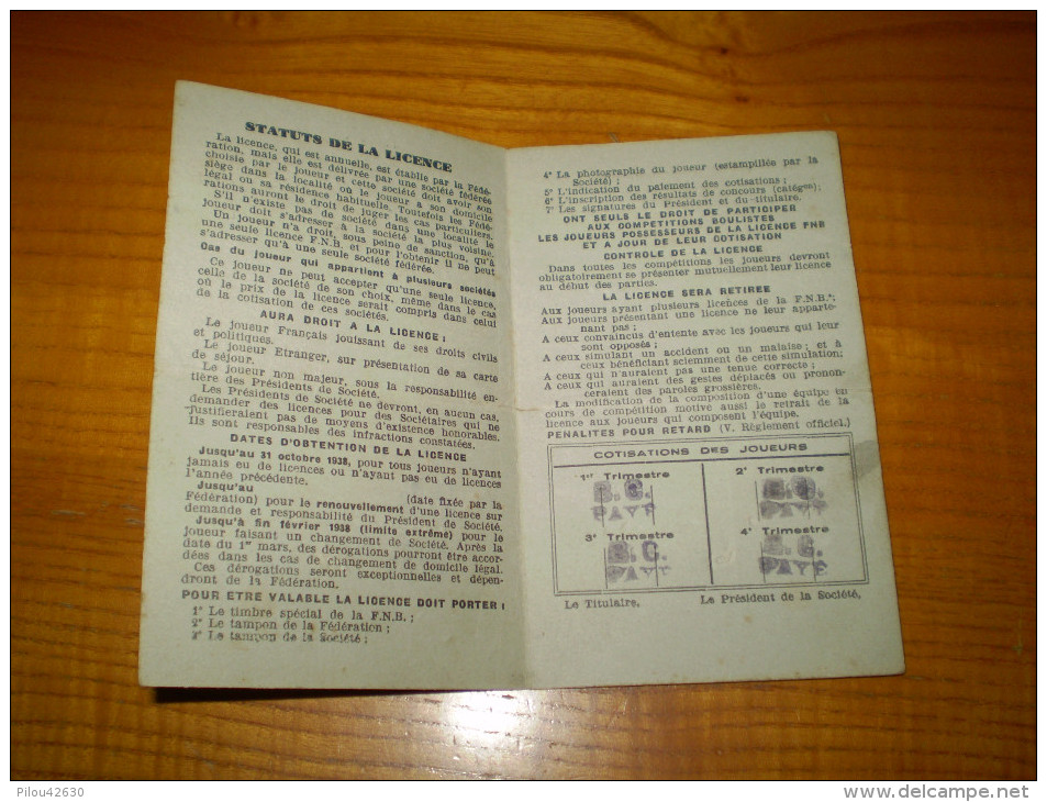 Licence F N B  : Fédération Nationale De Boules ; Fédération De La Haute Loire  . 1938 - Pétanque