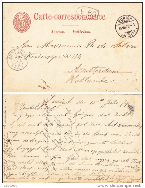 Switzerland 1879 Postal History Rare Old Postcard Postal Stationery ZURICH To AMSTERDAM D.993 - Storia Postale