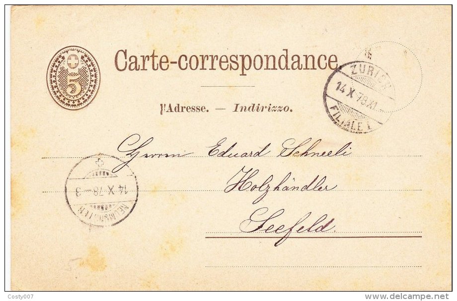 Switzerland 1878 Postal History Rare Old Postcard Postal Stationery NEUMUNSTER To ZURICH D.996 - Brieven En Documenten