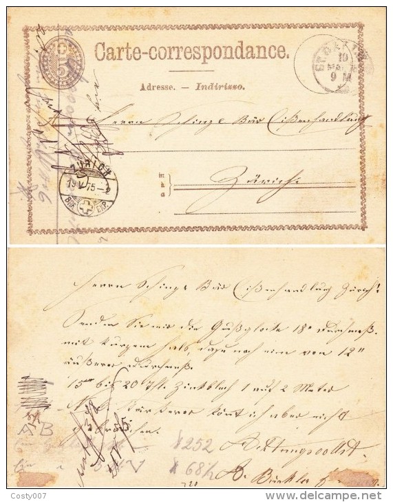 Switzerland 1875 Postal History Rare Old Postcard Postal Stationery ZURICH D.997 - Lettres & Documents