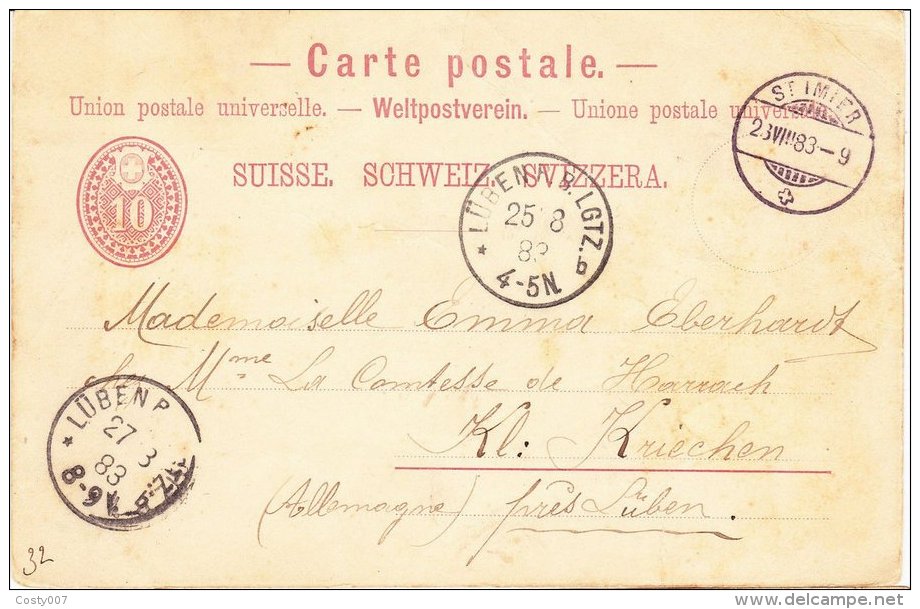 Switzerland 1883 Postal History Rare Old Postcard Postal Stationery St IMIER To LUBEN B LGTZ D.998 - Storia Postale