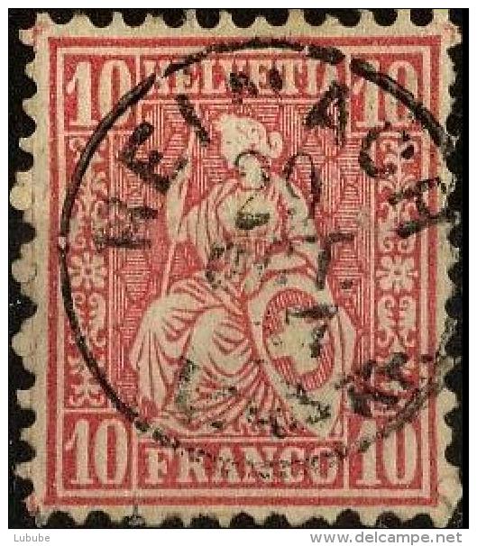 Sitzende Helvetia 38, 10 Rp.lilarosa  "REINACH"       1867 - Gebruikt