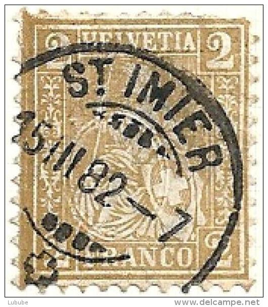 Sitzende Helvetia 44, 2 Rp.olivbraun  "ST.IMIER"   (Faser, Abart)      1882 - Gebraucht