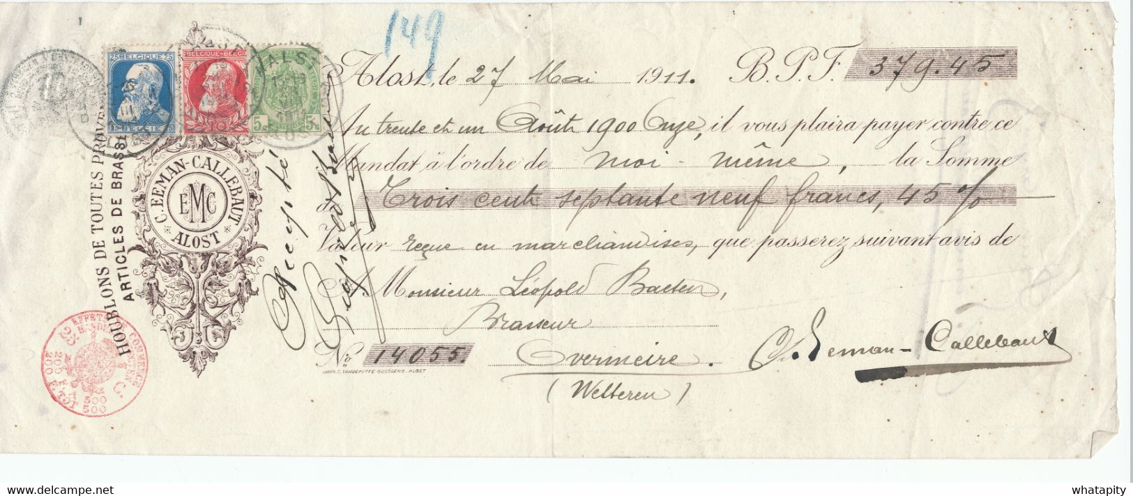 BELGIQUE - Document Financier Via Poste Belge 1911 - Houblons Eeman-Callebaut à ALOST  -- VV417 - Bières