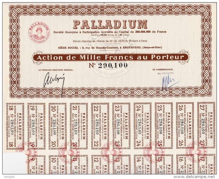 LOT DE 30 ACTIONS DE 1000 FRANCS -SOCIETE PALLADIUM -ARGENTEUIL - Industrie