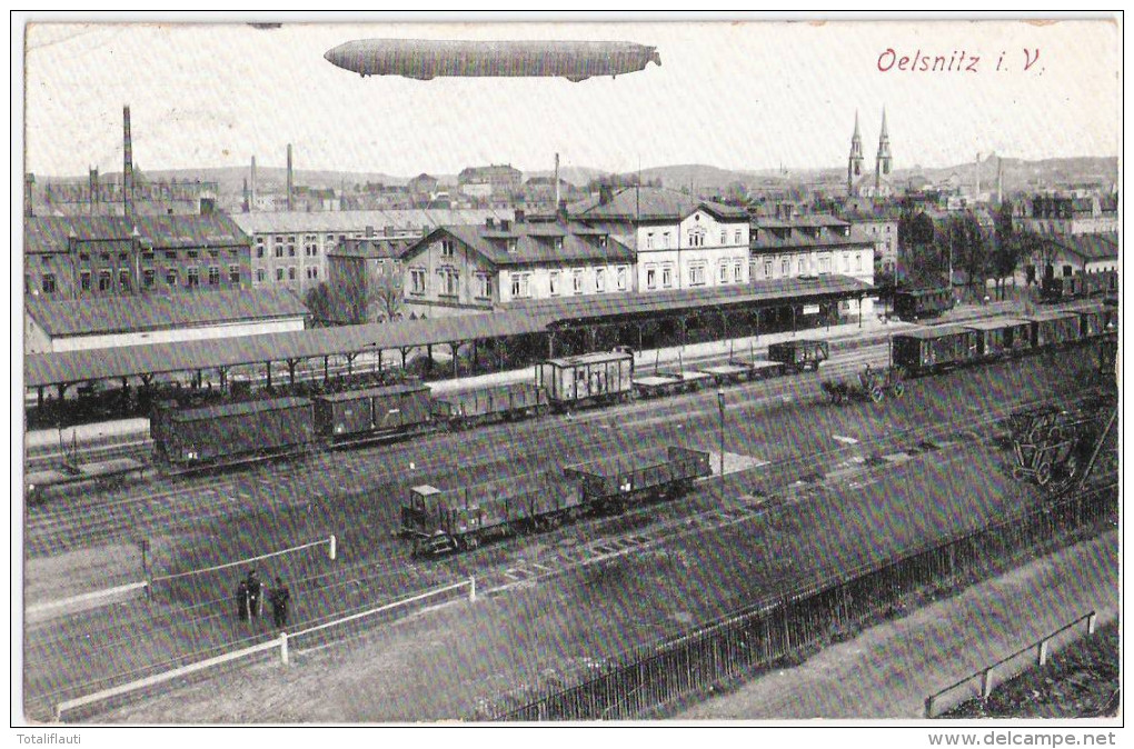 OELSNITZ Im Vogtland Zeppelin über Bahnhof Gleisseite Belebt 14.10.1913 Gelaufen - Oelsnitz I. Vogtl.