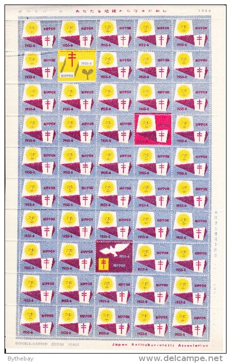 Japan 1955 Antituberculosis Seals Full Sheet Of 50 Sun, Dove - Erinnophilie