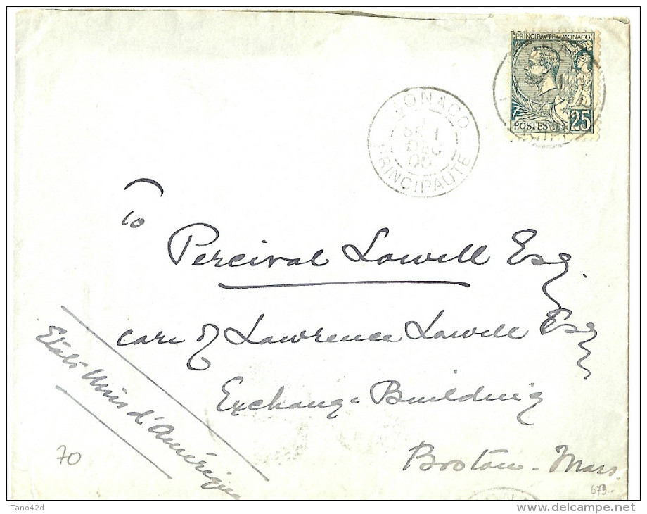 LBL26B - MONACO ALBERT Ier 25c VERT CLAIR SUR LETTRE POUR BOSTON 1/12/1900 - Cartas & Documentos