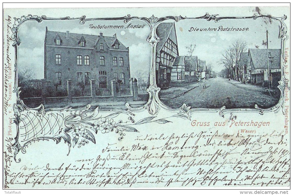 PETERSHAGEN Weser Mondschein Taubstummen Anstalt Jugendstil Die Untere Poststrasse 2.1.1901 Gelaufen - Petershagen