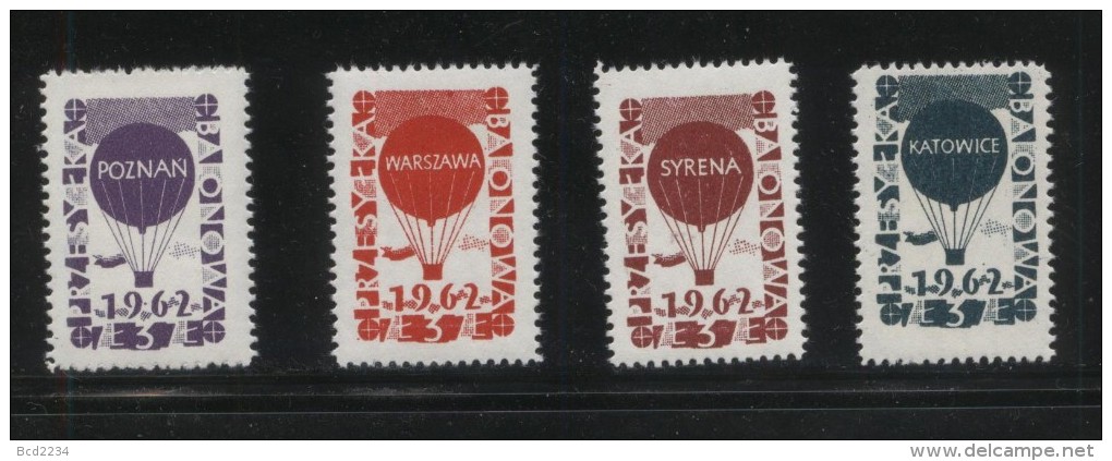 POLAND 1962 BALLOON POST STAMPS SET OF 4 NHM WARSZAWA KATOWICE SYRENA POZNAN BALLOONS FLIGHT TRANSPORT - Nuevos