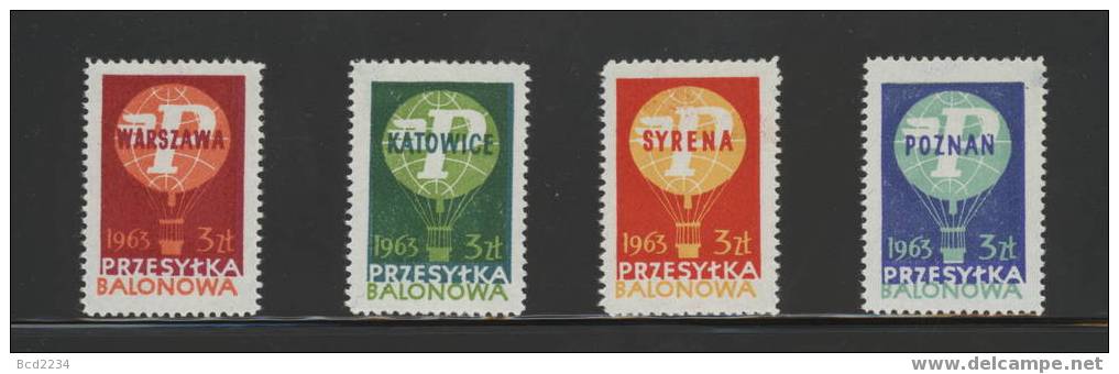 POLAND 1963 BALLOON POST STAMPS SET OF 4 NHM KATOWICE POZNAN SYRENA WARSZAWA BALLOONS FLIGHT TRANSPORT - Nuevos
