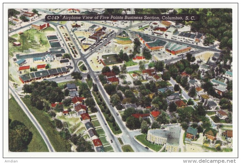 USA, Columbia SC South Carolina, Aerial View Of Five Points Business Section, C1940s Unused Vintage Postcard - Columbia