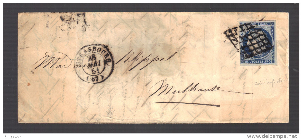 FRANCE 1851 N° 4 H (bleu Noir) Obl. S/  Lettre De Strasbourg - 1849-1850 Ceres