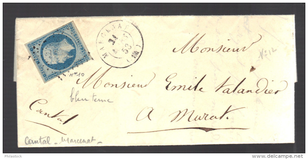 FRANCE 1853 N° 10  Obl. S/lettre PC 1861 Marcenat (indice 10) - 1852 Luis-Napoléon