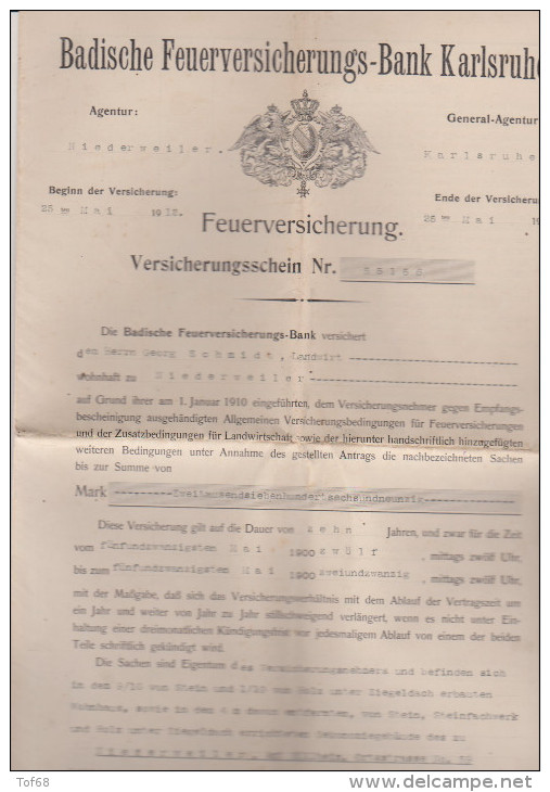 Badische Feuerversicherungs Bank Karlsruhe 1912 Assurance Contre Le Feu - Bank & Versicherung