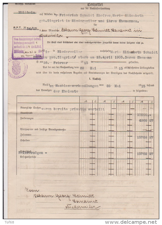 1915 Notar Notariat Teilzettel Müllheim Acte De Notaire Allemagne Partage - 1900 – 1949