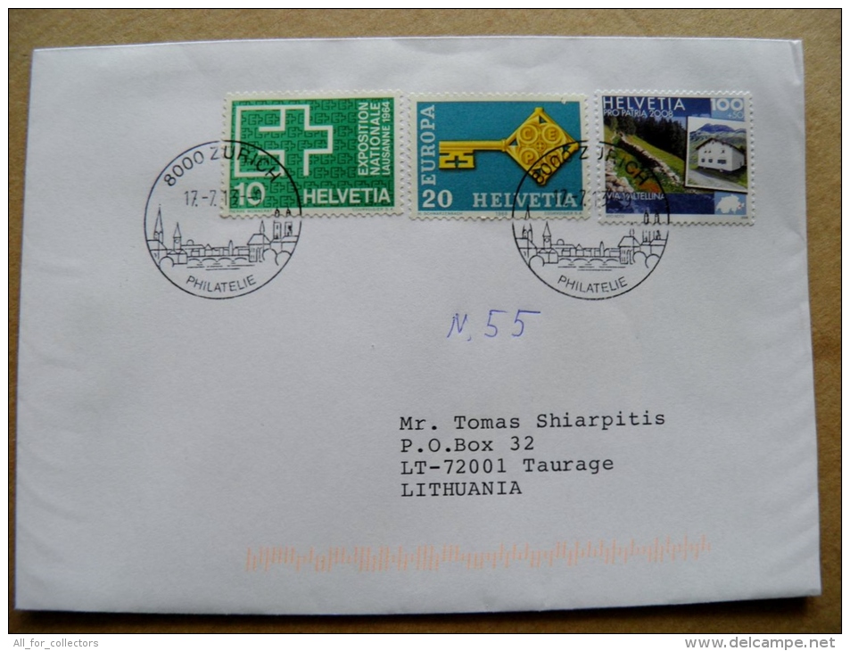 Cover Sent From Switzerland To Lithuania 2013 Europa Cept 1968 Landscape Map Special Cancel - Cartas & Documentos