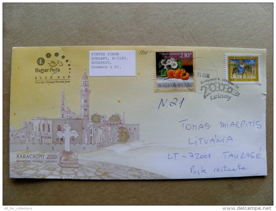 Cover Sent From Hungary To Lithuania 2013 Christmas Noel Special Cancel 2000 Fdc - Brieven En Documenten