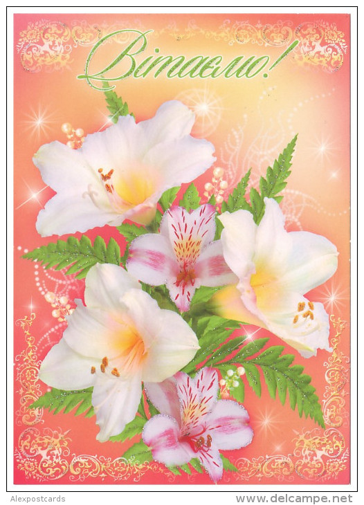 LILY FLOWERS. "CONGRATULATE!" (UKRAINE. Unused Postcard) - Andere & Zonder Classificatie